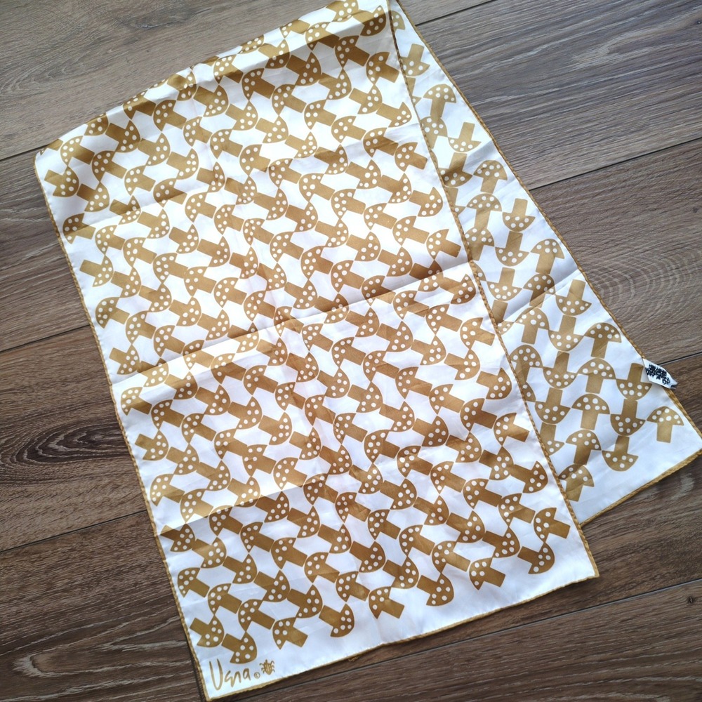 Vtg Vera Neumann Mushroom Scarf Tan White Retro Rectangular Oblong Polyester